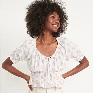 Cream Leaf Print Blouse Peasant Top
